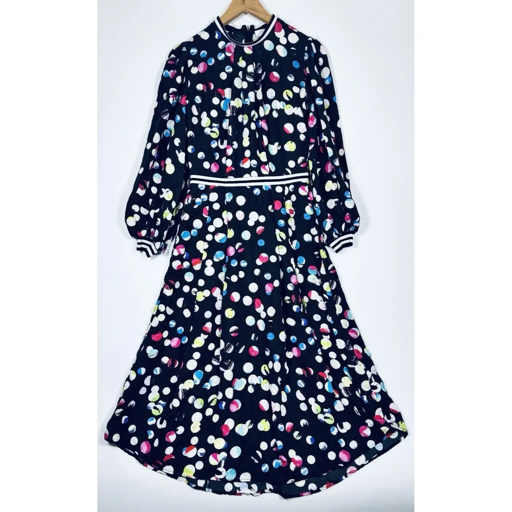 Hunter Bell Midi Silk Dress Black Abstract Polka Dot Stripe Trim Luxury Designer